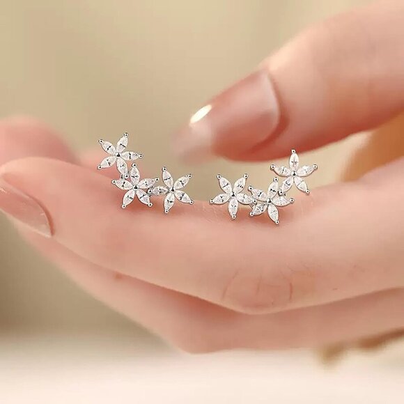Sterling Silver 0.7x0.3in Minimalist Zircon Flower Cluster  Sterling Silver 0.7x0.3in Minimalist Zircon Flower Cluster Earring for Women